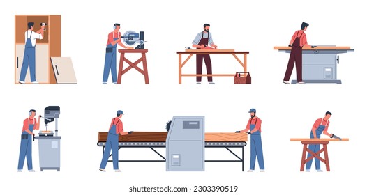 Carpenters characters with furniture. Cartoon men in workwear engaged in wood processing, sawing, drilling and planing, making process cartoon flat isolated illustration, nowaday vector set