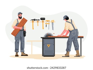 Carpenters with furniture. Vector of worker and craftsman illustration, carpentry construction, wooden repair, professional equipment