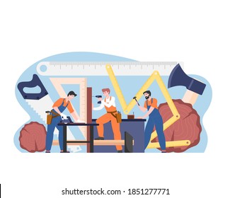 Carpenters male team workers in uniform, vector cartoon characters with instruments in workshop. Guys craftsmen masters repairman working with wood, using equipment, circular saw, screwdriver, hammer.