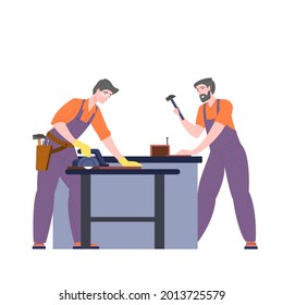Carpenters male team workers in uniform, woodworkers with instruments in workshop. Guys craftsmen masters repairman working with wood, using equipment, circular saw and screwdriver