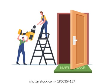 Carpenters, Repairmen Stand on Ladder with Drill Tool Repairing Doors. Master Male Characters Repair or Set Up New Doorway in Apartment, Construction Work Service. Cartoon People Vector Illustration