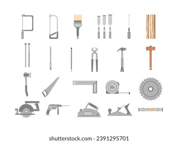 Carpenter's Tools Collection Flat Design Style. Work Support Equipment Vector Illustration on White Background.