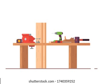 Carpenters woodwork working place. Wooden workbench with planks, hammer and screwdriver, measuring tape. Table for carpentry with vise. Workshop with equipment.