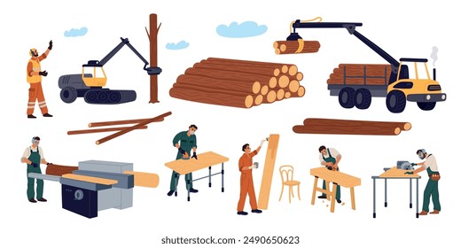 Carpenters and woodworkers. Wood processing. Industrial characters. Professional craftsmen with workshop tools. Logging and furniture manufacturing. Trees deforestation