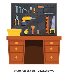 Carpenter's workbench is shown with a pegboard hanging above, displaying an array of tools