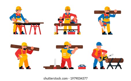Carpenters workers set. Male carpenters with saw, board, chainsaw, hammer, tools. Vector illustration isolated on white background