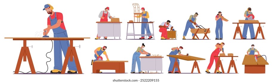 Carpenters Working On Wood Projects Using Different Tools And Techniques. Each Craftsman Is Engaged In A Specific Task, Demonstrating Skill And Precision In Carpentry And Woodwork. Vector Illustration