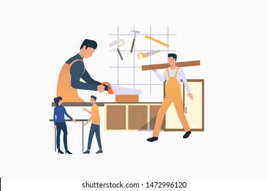 Carpenters working with wood. Male cartoon characters sawing plank, talking to client. Flat colorful vector illustration for promo, poster, occupation