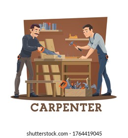 Carpenters at workshop cartoon vector of carpentry industry workers with work tools and equipment. Joiner characters nailing and sawing wood boards with saw, hammer and nails, tape measure and plane