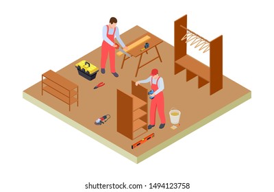 Carpenters workshop. Isometric vector woodworkers make furniture