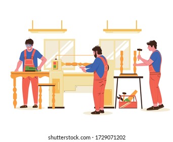 Carpenters  at workshop making furniture. Carpentry woodwork and furniture making vector illustration. Furniture workshop.
