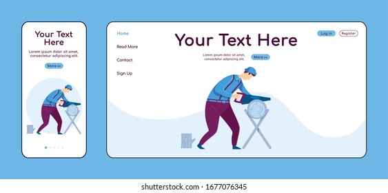 Carpentry adaptive landing page flat color vector template. Craftsman at work mobile and PC homepage layout. Repairman one page website UI. Home repairs webpage cross platform design