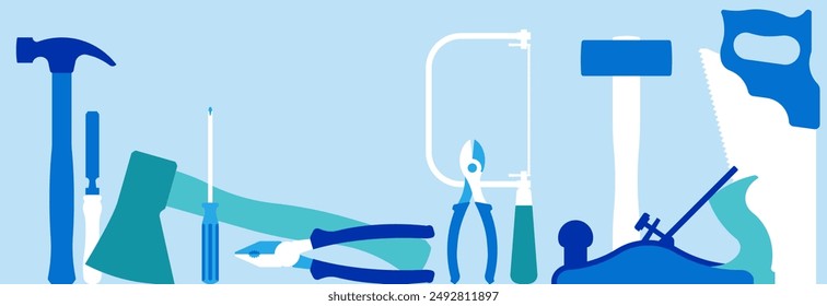 Carpentry background. Building and repairing tools on light blue background. Woodwork tools - hammer, axe, screwdrivers, pliers, saw etc. Construction concept. Simple and quiet vector illustration.