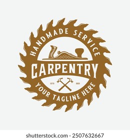 Carpentry badge wood working retro vintage logo design template. Design Illustration Carpenter badge, Hammer Steel Saws Concept, axe emblem logo, Logotype, Label, Badge, T-shirts and other design.