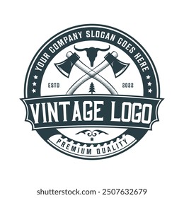 Insignia de carpintería Plantilla de diseño de logotipo vintage retro de trabajo de madera. Insignia del carpintero, concepto de las sierras de acero del martillo, logotipo del emblema del hacha, logotipo, etiqueta, insignia, camisetas y otro diseño.