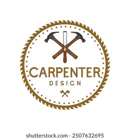 Insignia de carpintería Plantilla de diseño de logotipo vintage retro de trabajo de madera. Insignia del carpintero, concepto de las sierras de acero del martillo, logotipo del emblema del hacha, logotipo, etiqueta, insignia, camisetas y otro diseño.