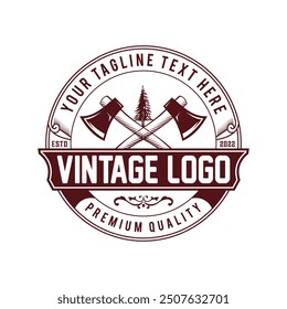 Insignia de carpintería Plantilla de diseño de logotipo vintage retro de trabajo de madera. Insignia del carpintero, concepto de las sierras de acero del martillo, logotipo del emblema del hacha, logotipo, etiqueta, insignia, camisetas y otro diseño.