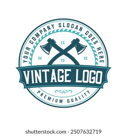 Carpentry badge wood working retro vintage logo design template. Design Illustration Carpenter badge, Hammer Steel Saws Concept, axe emblem logo, Logotype, Label, Badge, T-shirts and other design.