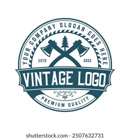 Insignia de carpintería Plantilla de diseño de logotipo vintage retro de trabajo de madera. Insignia del carpintero, concepto de las sierras de acero del martillo, logotipo del emblema del hacha, logotipo, etiqueta, insignia, camisetas y otro diseño.