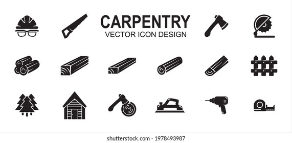 Carpentry Carpenter Wood Workshop Related Vector Icon User Interface Graphic Design. Contains Such Icons As Safety Helmet, Goggle, Saw, Axe, Cut Off Machine, Wood Log, Lumber, Timber, Tree, Drill