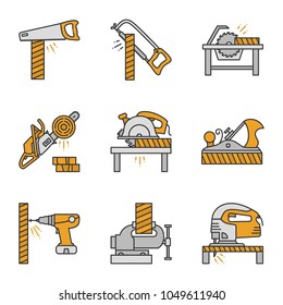 Carpentry color icons set. Woodworking. Hand saw, hacksaw, circular saws, chainsaw, jack plane, electric screwdriver, bench vice, jigsaw. Isolated vector illustrations