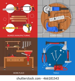 Carpentry colored compositions with manufacture of boards power tools workplace instruments isolated vector illustration