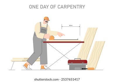 Carpentry concept. A carpenter measures and cuts wood at the workbench, showcasing woodworking skills and precise craftsmanship. Vector illustration.