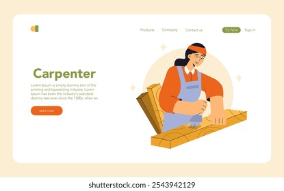 Concepto de carpintería. Carpintera mujer confiada trabajando con madera en un taller. Comercio especializado, artesanía y proyectos de bricolaje. Ilustración vectorial.