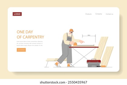 Carpentry concept. A skilled carpenter measures and cuts wood in a workshop, showcasing the craftsmanship and precision involved. Detailed process of woodworking. Vector illustration.