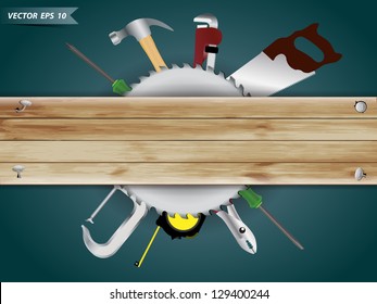 Carpentry, construction hardware tools collage with wood plank texture background, Vector template design