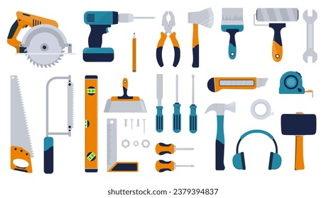 Carpentry and construction tools vector set in blue and yellow colours. Various hammer, saw, pliers, nails, spirit level, paintbrush and more. Flat design collection on white background