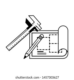 carpentry and constrution tools equipment wiith blueprint plan cartoon vector illustration graphic design