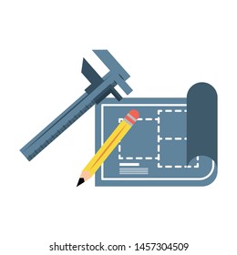 carpentry and constrution tools equipment wiith blueprint plan cartoon vector illustration graphic design