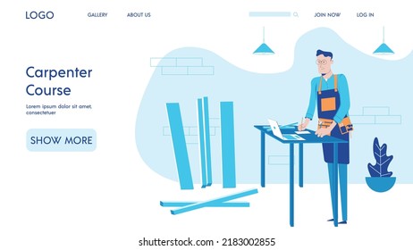 Carpentry course in wood furniture design, home page design, Banner vector template of the website. Carpenter teaching online classes in the assembly of furniture, flat vector illustration.