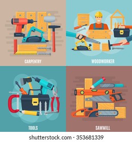 Carpentry design concept set of woodworker tools and sawmill equipment square composition flat vector illustration 