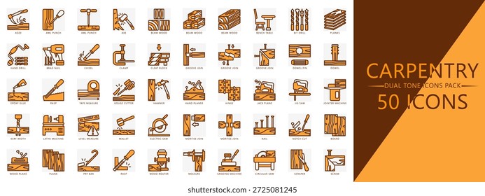 Carpentry Doppelton Icons Pack. enthalten adz, awl, ax, Holz, Bohrer, Dübel, Meißel, Jack Flugzeug, Hammer, elektrische Säge, Nagel und mehr. Vektor für Print, digitale UI, UX-Kit, Web- und App-Entwicklung.