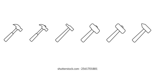 Carpentry equipment icon. Hammer icon set. Work tools. Set of work tools. Collection of repair and construction tools in line style vector illustration on transparent background. Editable stroke.