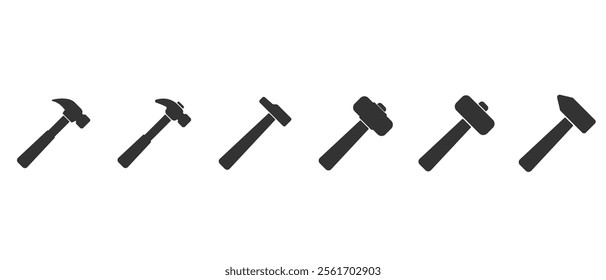 Carpentry equipment icon. Hammer icon set. Work tools. Set of work tools. Collection of repair and construction tools in flat style vector illustration on transparent background.