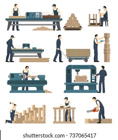 Carpentry factory set of isolated image compositions with woodworking machinery and human characters attending to machines vector illustration