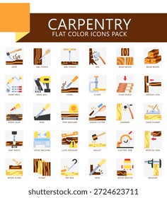 Os ícones de cor plana da carpintaria. contêm adz, awl, ax, madeira, broca, dowel, cinzel, avião da mão, martelo, serra elétrica, unha e muito mais. Vetor para impressão, IU digital, kit UX, web e desenvolvimento de aplicativos.