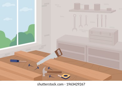 Carpentry flat color vector illustration. Benchmark of cabinetmaker. Saw in wood plank. Furniture manufacturing. Hammer and nails. Carpenter workshop 2D cartoon interior with instruments on background