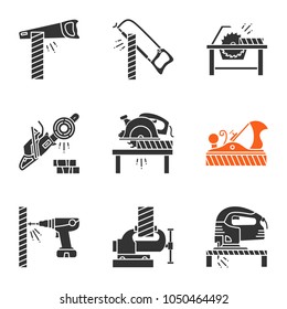 Carpentry glyph icons set. Silhouette symbols. Woodworking. Hand saw, hacksaw, circular saws, chainsaw, jack plane, electric screwdriver, bench vice, jigsaw. Vector isolated illustration