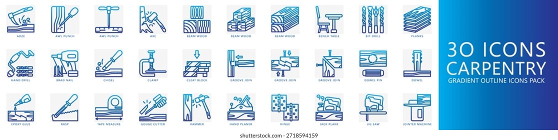 Contienen adz, punzón, hacha, madera, taladro, pasador, cincel, plano de gato, martillo, clavo, taladro, bisagra y más. Vector para impresión, interfaz de usuario digital, kit de UX, Web y desarrollo de App.