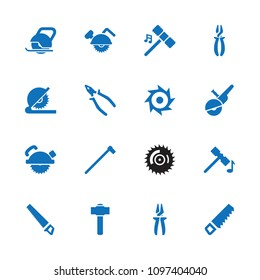 Carpentry icon. collection of 16 carpentry filled icons such as hammer, saw, saw blade, pliers. editable carpentry icons for web and mobile.