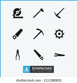 Carpentry icon. collection of 9 carpentry filled icons such as saw, circular saw, hammer, pliers. editable carpentry icons for web and mobile.