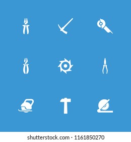 Carpentry icon. collection of 9 carpentry filled icons such as hammer, saw, circular saw, pliers. editable carpentry icons for web and mobile.