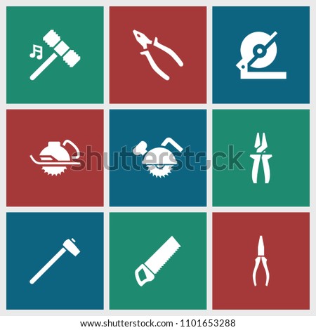 Carpentry icon. collection of 9 carpentry filled icons such as circular saw, pliers, electric saw, hammer. editable carpentry icons for web and mobile.