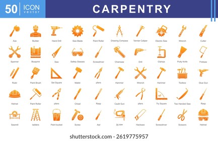 Conjunto de colección de icono de carpintería. Contiene herramientas, equipo de trabajo, martillo, sierra, clavos y tablones de madera. Perfecto para proyectos de bricolaje, carpintería o negocios de muebles.