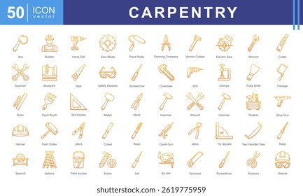 Conjunto de colección de icono de carpintería. Contiene herramientas, equipo de trabajo, martillo, sierra, clavos y tablones de madera. Perfecto para proyectos de bricolaje, carpintería o negocios de muebles.