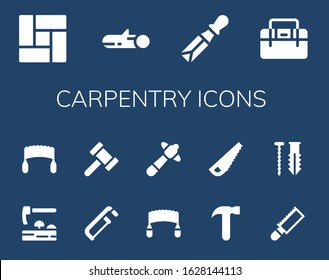 carpentry icon set. 14 filled carpentry icons. Included Floor, Wood, Chisel, Toolbox, Adze, Saw, Hammer, Screw icons svg